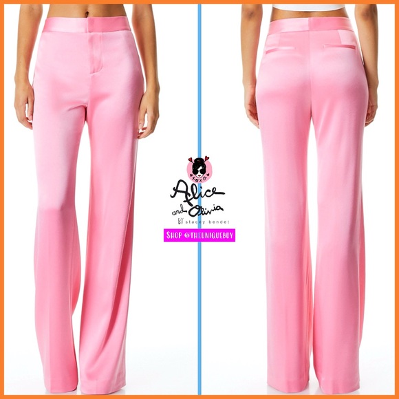 Alice + Olivia Deanna High Waisted Pink Satin Bootcut Pant - Picture 1 of 17